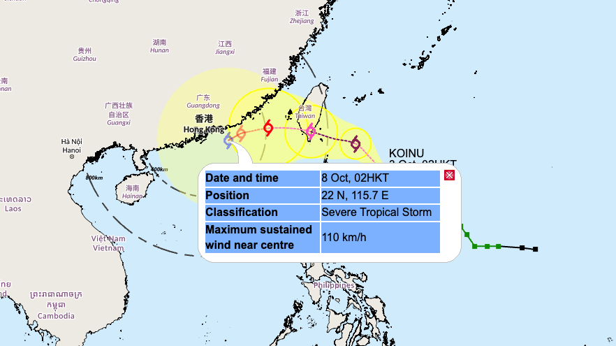 Angin Topan KOINU Diperkirakan Memasuki 300km Wilayah Hong Kong Hari Minggu 8 Oktober 2023